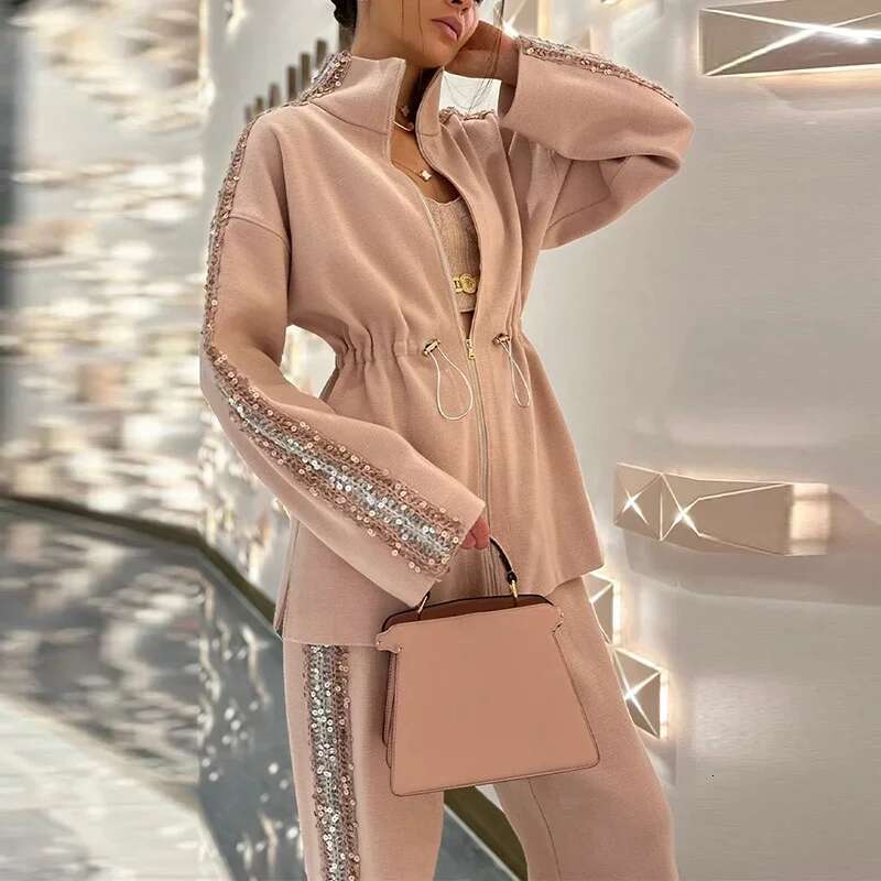 Vintage Sequin Solid Color Long Sleeved Drawstring Top & Wide Leg Pants Suit 2025 New Elegant Shiny Lady Chic Office Autumn Set