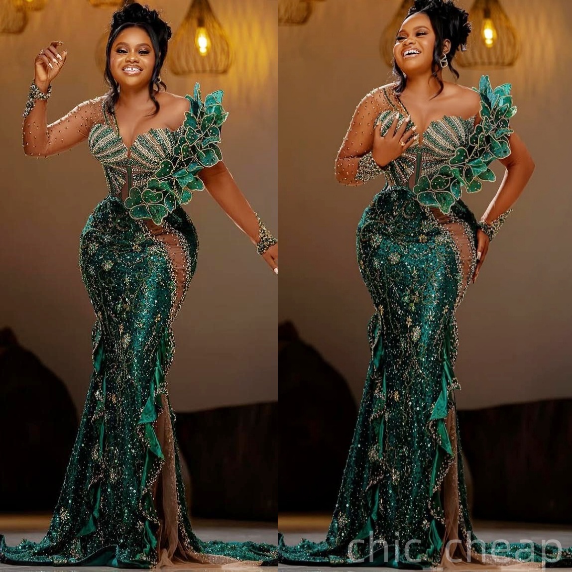 Dark Green Mermaid Prom Dresses 2025 Illusion Crystals Flowers Evening Formal Party Second Birthday Engagement Gowns Plus Size Dress For Special Occas