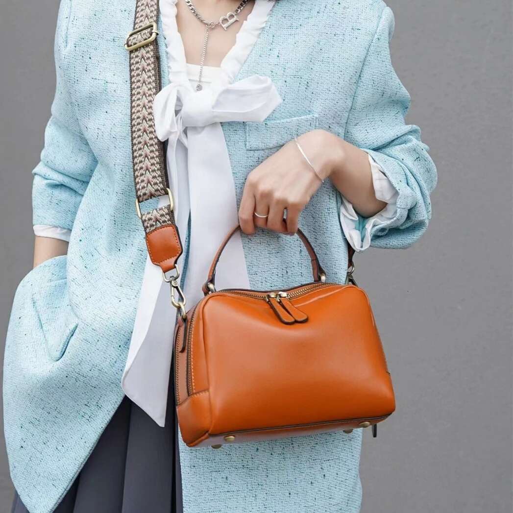 Vintage Genuine Leather Wide Strap Crossbody Shoulder Bags For Women Trend Designer Boston Tote Ladies Handbags