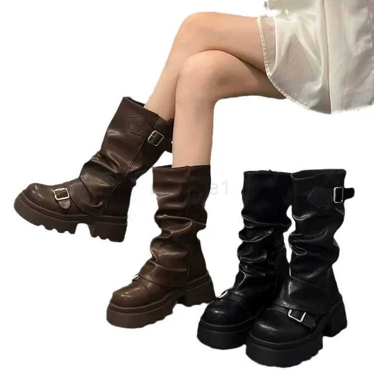 Wens Boots Brown Maillard New Spring Autumn Height Increasing Cfortable Anti Slip Fion Belt Buckle Boots Z250304