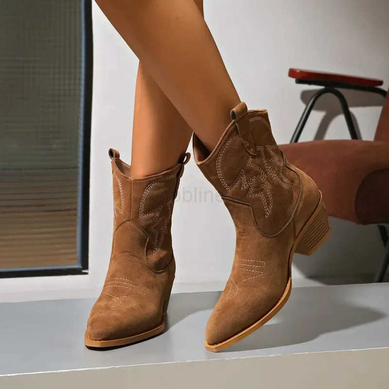 New Natural Short Wen Boots Leather Handmade Pointed Toe Spike Heel Autumn Winter Boots Wen Shoes Cowboy Wern Z250304