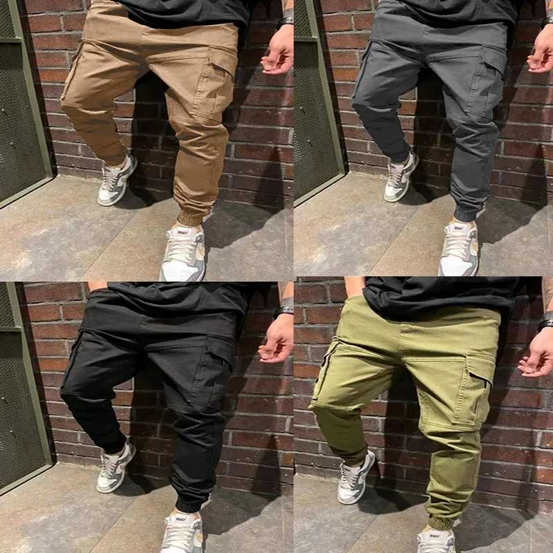 Elastic ankle pants Mens pants Street wear mens overalls with ankle strap drawstring waist multi-pocket slim fit casual pantsXJ250303