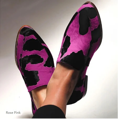 Pointed Toe Casual Flat Loafers Women Shoes Black Cow Pattern Shallow Single 250303