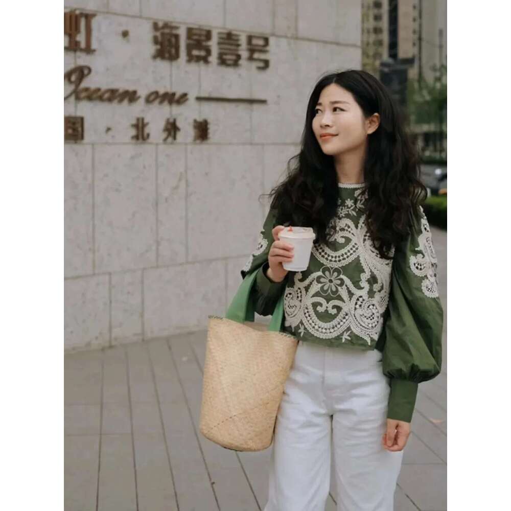 2025 Early Autumn Women O-Neck Blouse Three Dimensional Embroidery Hollow Out Green Vintage Long Puff Sleeve Female Shirt
