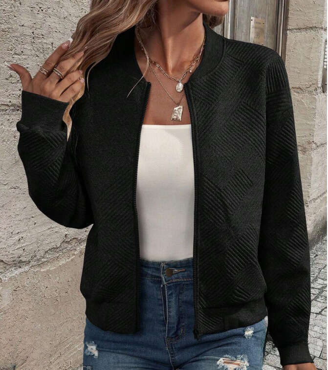 Spring European and American style semi high neck zipper knitted cardigan long sleeved temperament jacket women's 2025 new casual fashion trend c