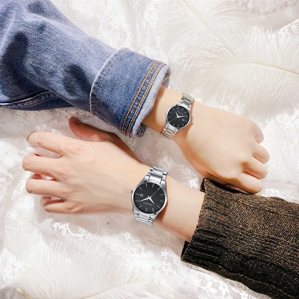 2 Pieces Quartz es For Couples Black Stainl Steel Busin Mens Clock Casual Minimalist Women Gift Couples GiftXJ250304