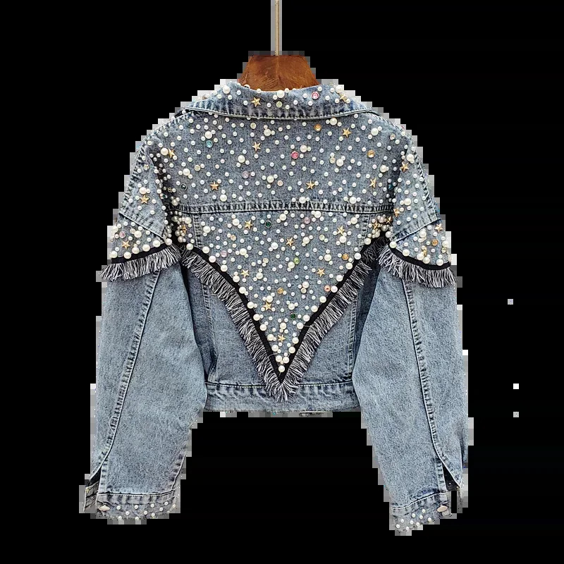 Women Spring Autumn Streetwear Denim Jacket Handstudded Pearls Punk Tassel Vests Femme Loose Short Jeans Coats 250303