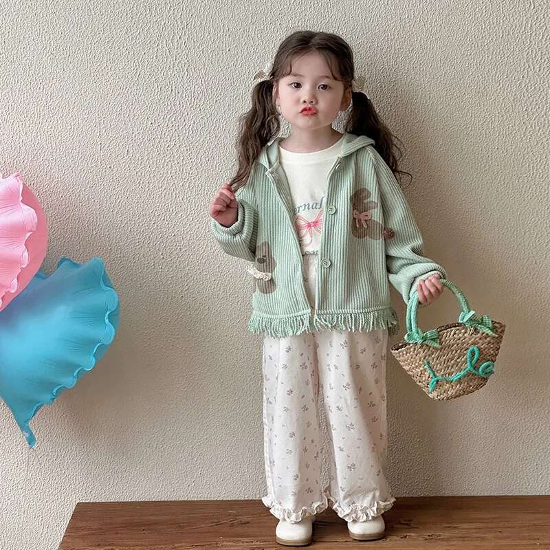 Ddmyshoesvip Children Spring Knitwear Cardigan Cotton Cartoon Tassel Hem Kid Coat Korean Long Sleeve Hooded Outerwear For 1-6Y Girl