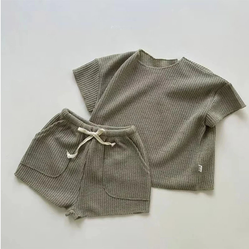 Two piece summer loose knit short sleeved home clothing solid color soft brushed lounge baby knit set 250304