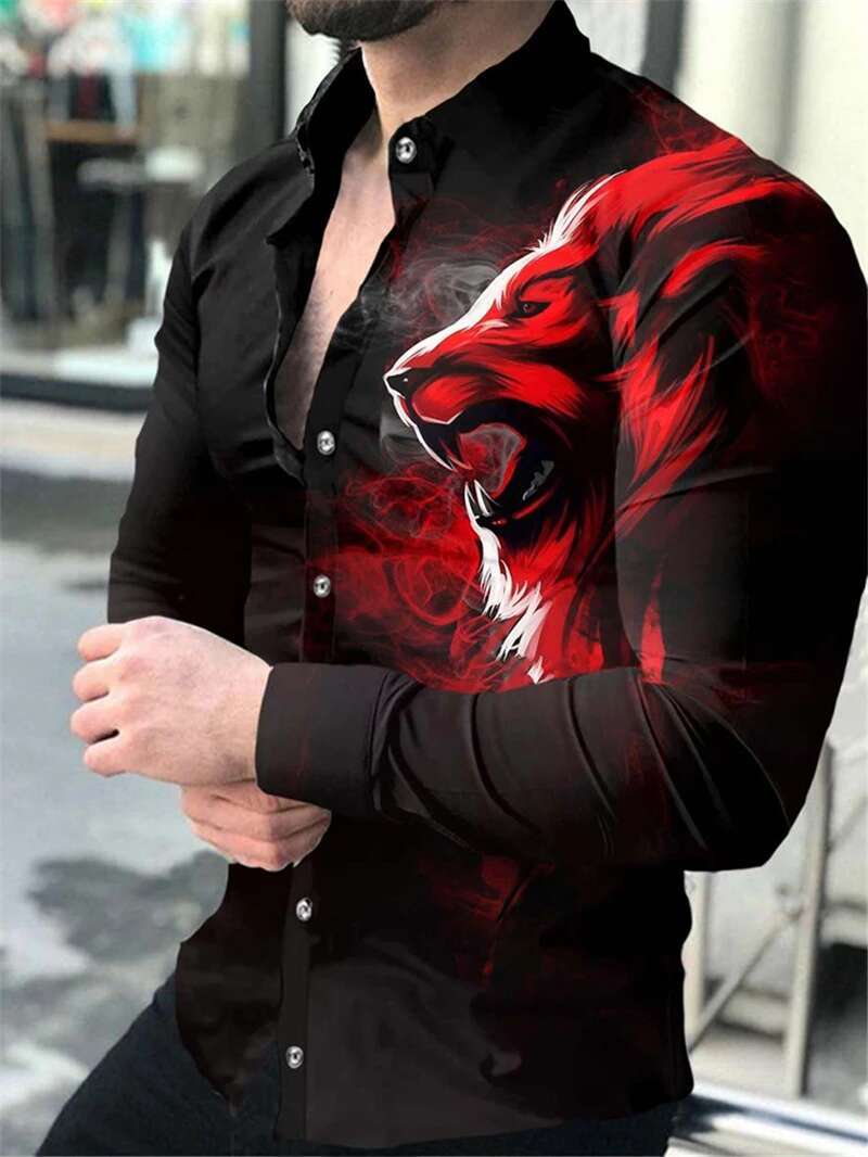 Summer Fashion Men's Shirt With Lapel Lion Print Designer Button Up Shirt Casual Breathable Comfortable Long Sleeved Top 2025 New Mens Personaliz