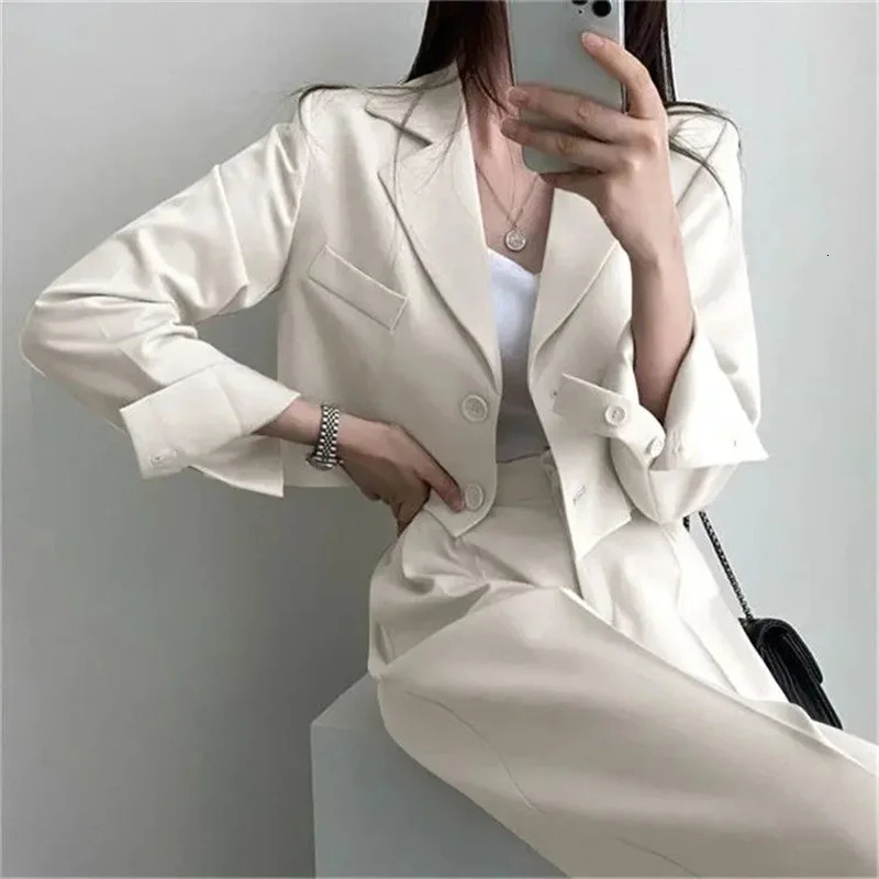 Summer Short Top Jacket Wide Leg Pants Two Piece Elegant Womens Office Casual Set 250225