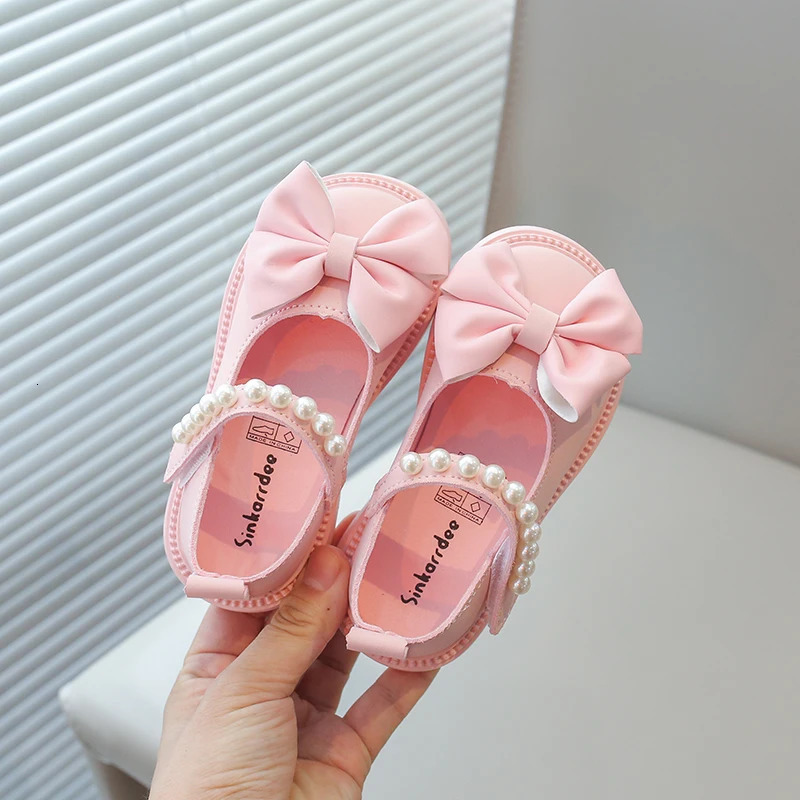 Girls casual shoes childrens PU leather shoelaces bead bows cute and fashionable princess wedding dresses party apartments soft 250303
