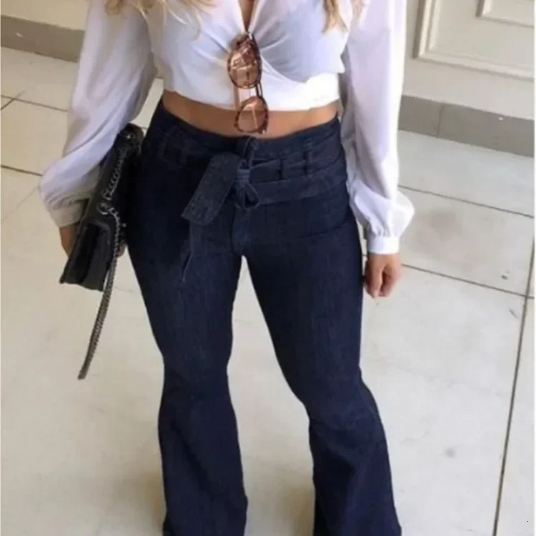 Womens jeans solid color high waisted Flare Pants zipper Fly flat pocket streetwear ultrathin patch work button elastic band 250227