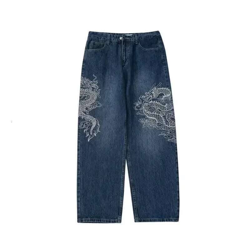 Gothic Dragon Pattern Embroidery Design Waist Y2k Baggy Jeans Men High Street Hip Hop Casual Jean 2024 New