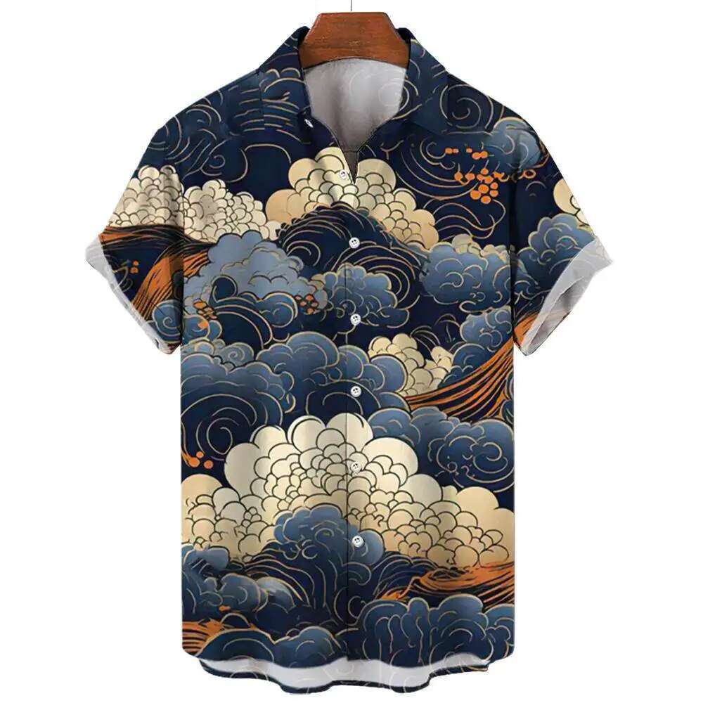 2025 New Shan Hai Jing Ukiyo-e Wave And Cloud Print Men's Designer Short Sleeved Shirt Casual Daily Summer Fashion Street Comfortable Trendy Top 