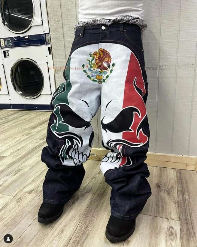 Tide Y2k Jeans Men Women Skull Elements Personalized Straight American Street Style Ins Loose Casual Blue Denim Pants
