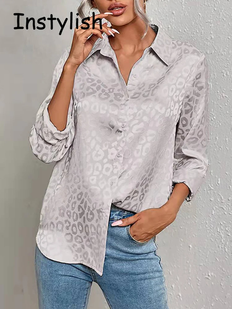 Women Leopard Print Blouse Spring Summer Long Sleeve Lapen Vintage Button Up Shirt Office Lady Satin Tunics Harajuku Top 250303