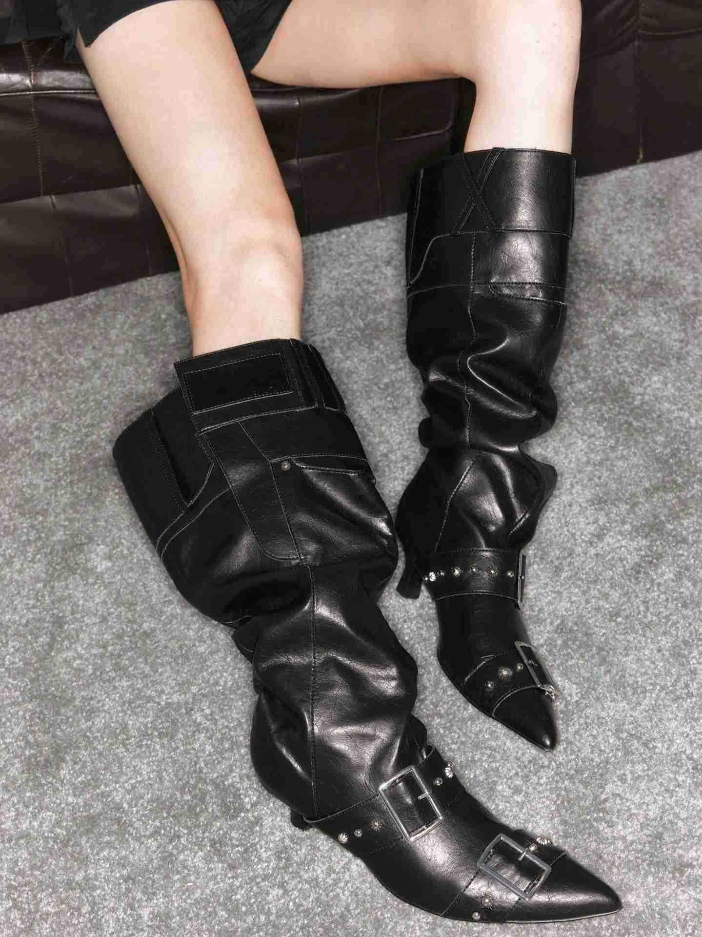 Brand Design Bronze Kitten H Wide Calf Pleated Boots Elegant Pointy Toe Modern Lady Mid-calf Boots Shoes Buckle Decor Z250304
