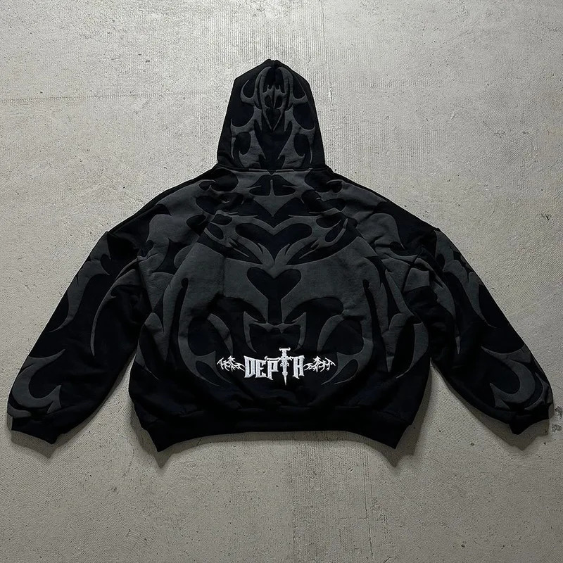 High Street Trendy Jacket Gothic Punk Harajuku Foam Pattern Zipper Hoodie Men Hip Hop Retro Casual Oversized Sweatshirt 250303