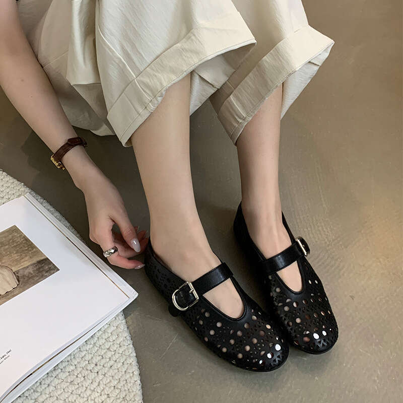 2024 Spring and Autumn New Fashionable Versatile Ballet Hollow Breathable Small Leather Shoes for Women Round Headed Shallow Mouth Flat Bottom Jumping