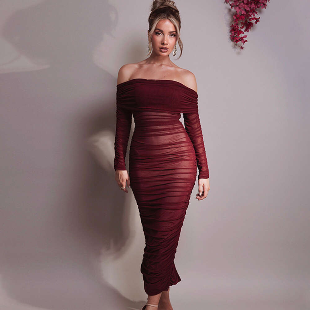 New mesh one shoulder pleated for women, slim fit sleeved dress with wrapped buttocks and long skirt