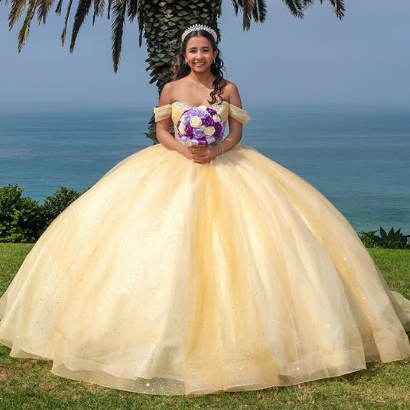 Yellow Shiny Quinceanera Dresses Ball Gown Off The Shoulder Beading Crystal Corset Tull Party Birthday Sweet 16 Vestidos 15 De Anos