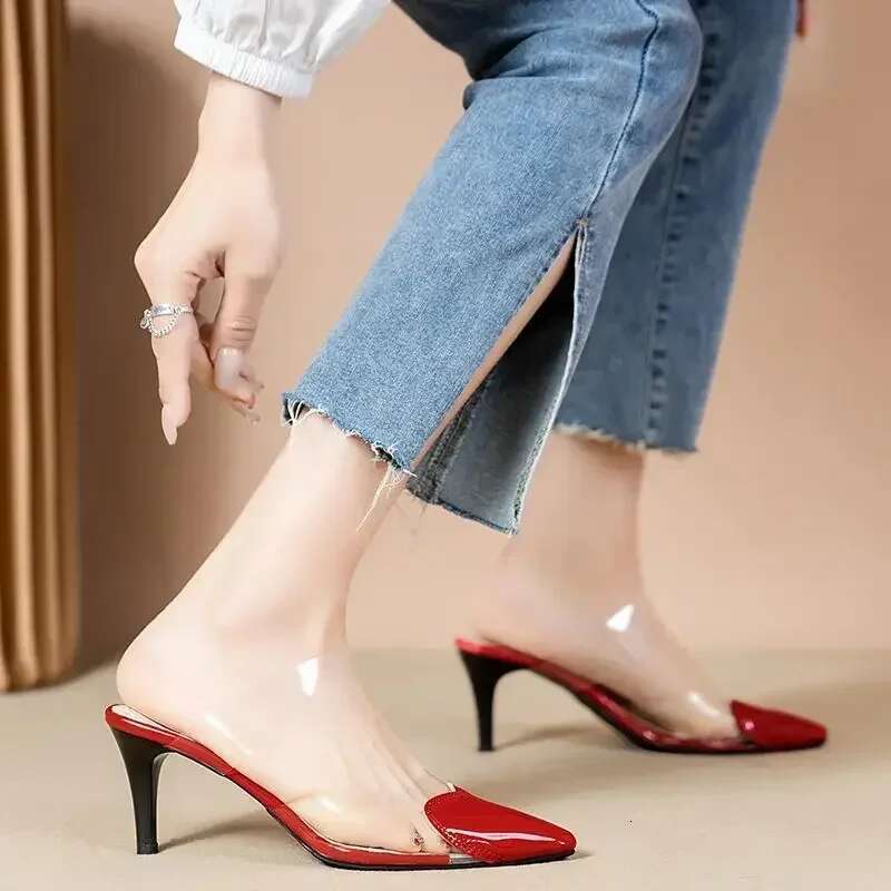 Pointed Toe FHC Slippers,High Heeled Summer Shoes,Transparent PVC Slides,Outside Wearing,Slip On,Black,White,Red,35-40,Dropship