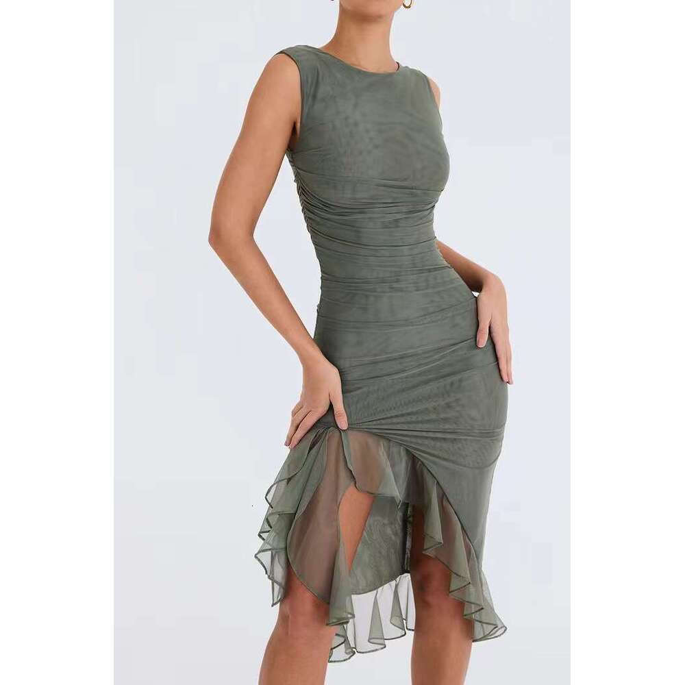 Summer Round Collar Sleeveless Fashionable Hot Selg Sexy Tight Back Fold Middle Long Dress 2025 New Casual Versatile Fashion Clothing