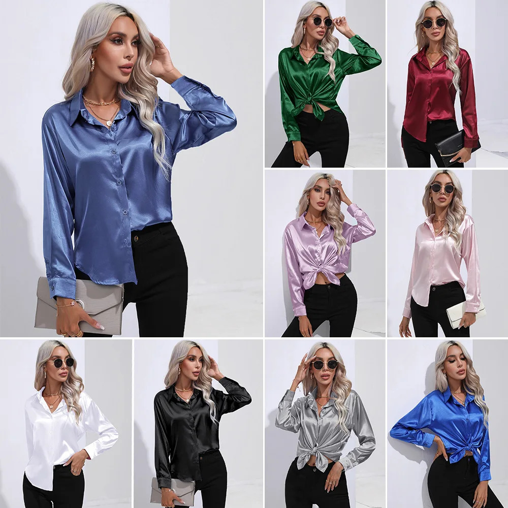 Elegant Womens Satin Silk Long Sleeve Shirt AutumnWinter Solid Office Lady Lapel Button Blouse Women Clothing S-XXL 250303