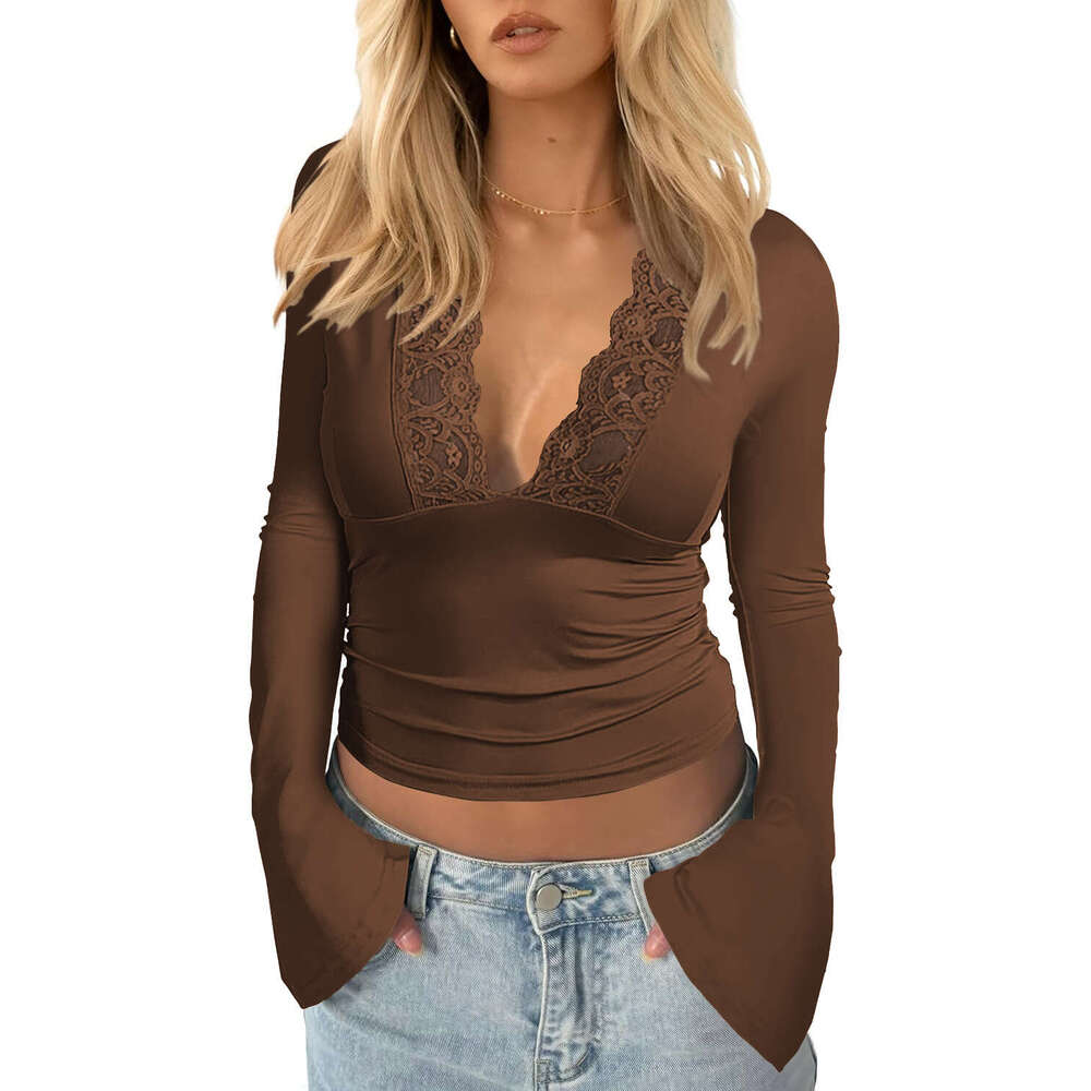 New fashionable V-neck base shirt sexy spicy girl long sleeved slim fit patchwork lace top for women