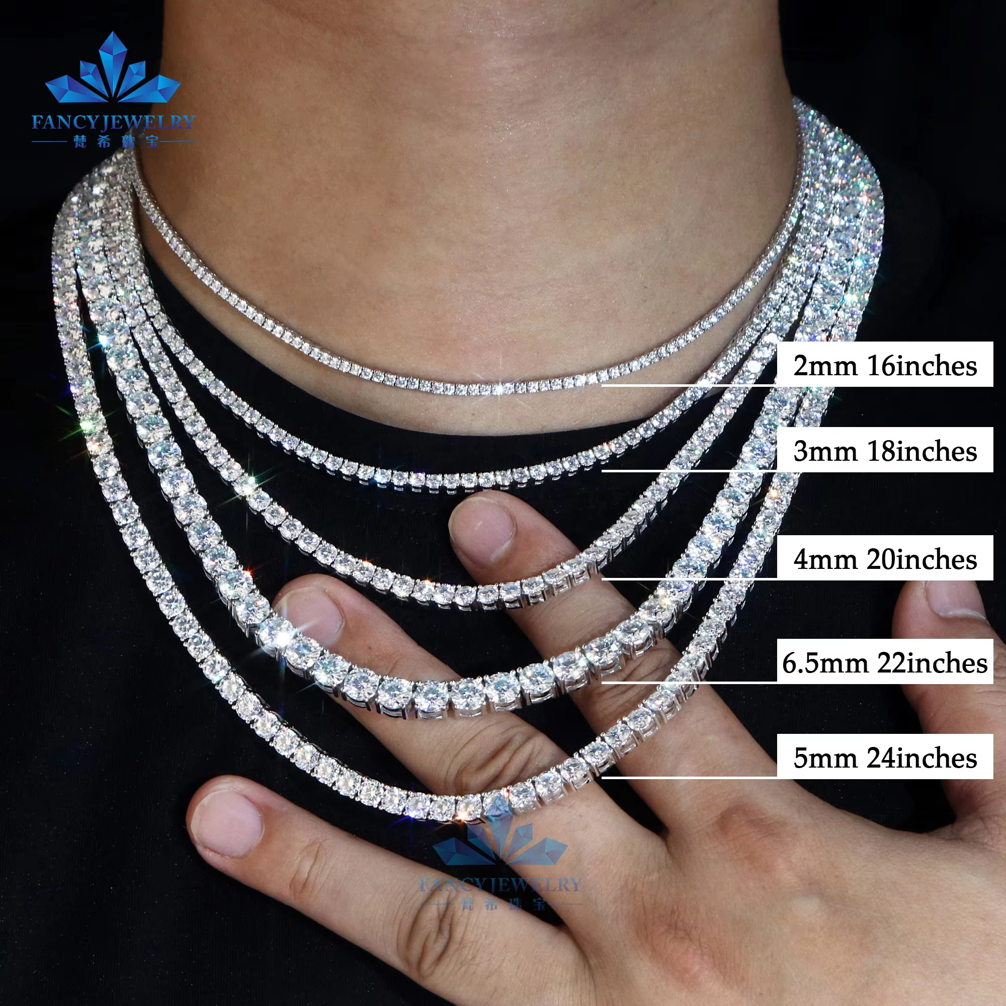 OEM ODM Custom Jewelry Wholesale Gold Sterg Sier Iced Out 2/3/4mm Classic Moissanite Dia Necklace Tennis Chain