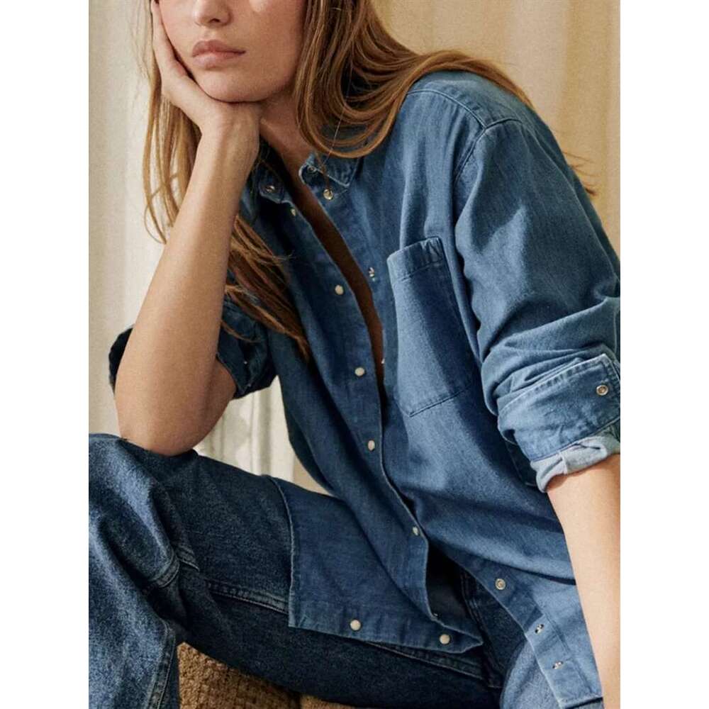 Women Long-Sleeved Cotton Denim Shirt Turn-Down Collar Single-Breasted Ladies Loose Casual Blouse Autumn New