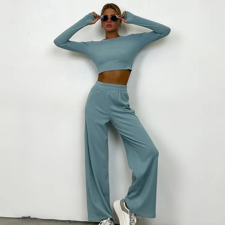 Women Casual Solid Color Suits Slim Fit Knit WideLeg Two Piece Pants Sets Streetwear Autumn 2023 Fashion ONeck Tracksuits 250225