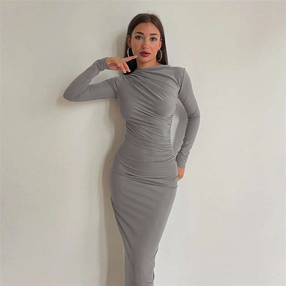 2024 Spring and Autumn New Slim Fit, Advanced Sense, Solid Color, Elegance, Long Style, Wrapped Hip Dress for Women