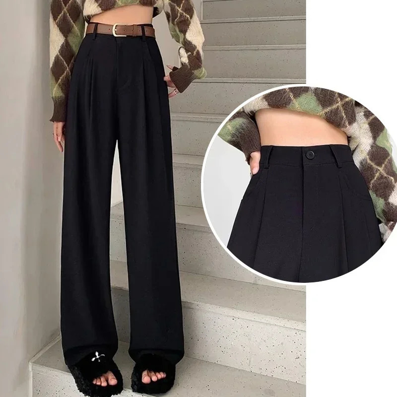 Women Fashion Suit Pants Lady Breathable Baggy High Waist Wide Leg Trousers Lady Straight Leg Gray Classic Office Long Pants 250303