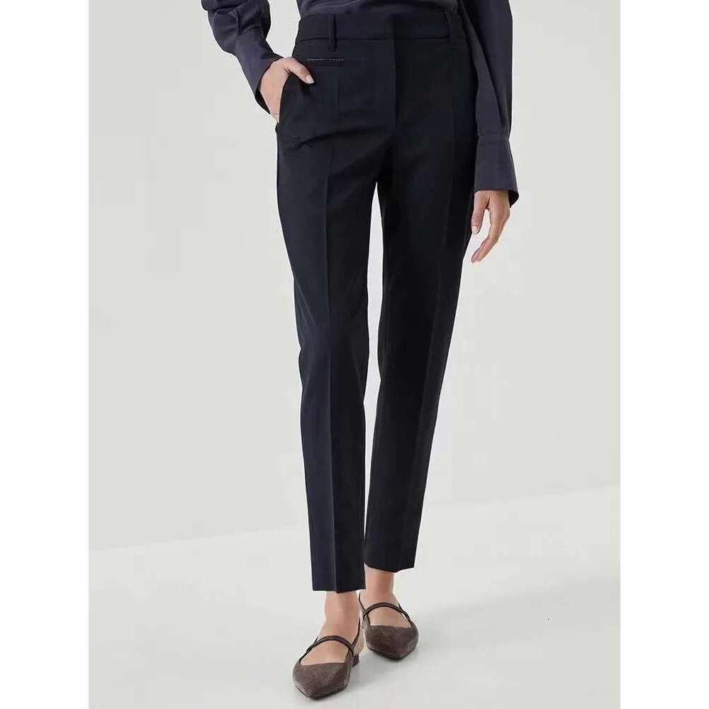 Women Wool Blends Suit Pants Beading Chain Zipper Fly Solid Color High Waist Female Trousers 2024 Spring