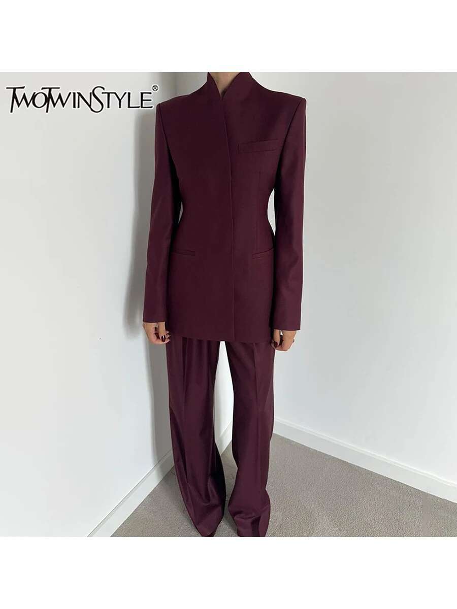 TWOTWINSTYLE Solid Two Piece For Women Stand Collar Sleeve Tops High Waist Spliced Button Long Pants Fashion Set Female