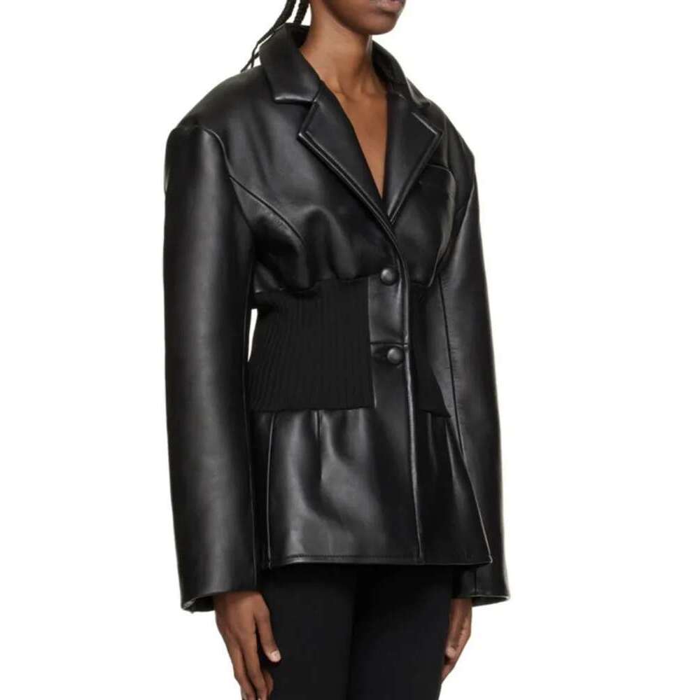 Fashion Women's Blazer Notched Collar PU Patchwork Knitted Super Waist Silhouette Suit Jackets Spring 2025 New 17A2010h
