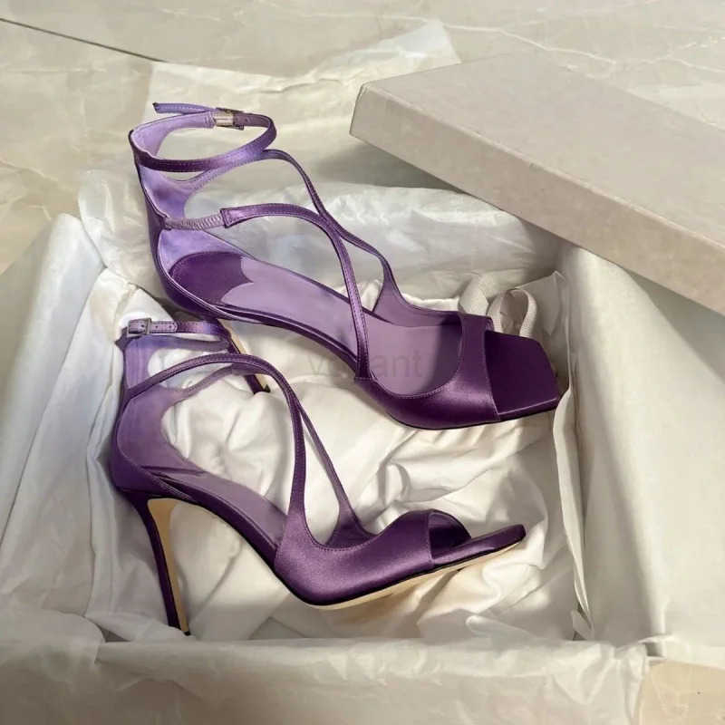 Star style Purple Satin Wen Sandals Sexy Narrow Band Ankle Strap Stiletto High h Gladiator Sandalias Summer Banquet Shoes Z250304