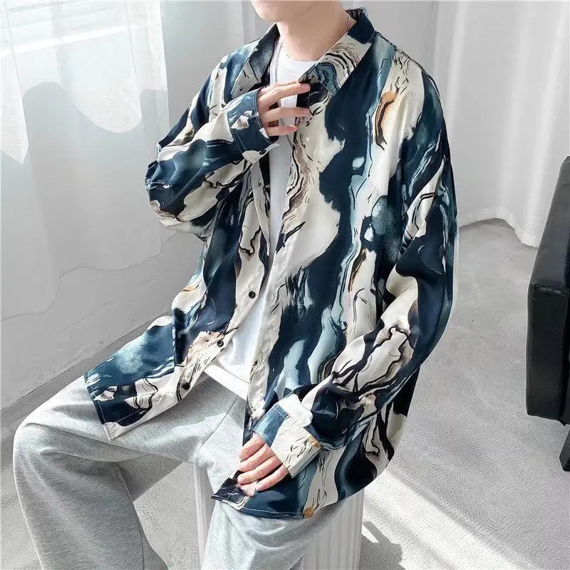 Harajuku Style Dark Retro Printed Unisex Shirt Loose and Slimming Long Sleeved Shirt for Mens Fashion 250227