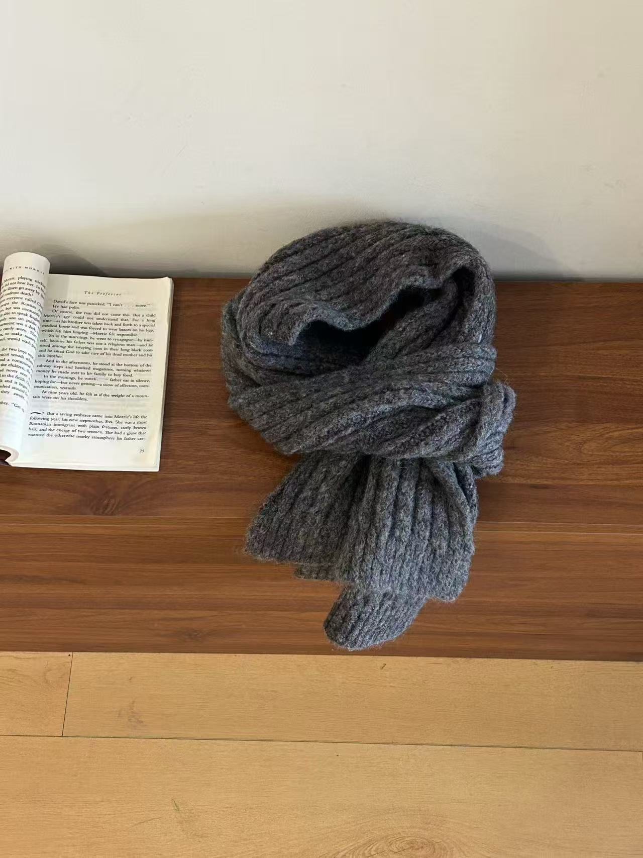 K041 Solid color wool blended gray knitted scarf for women winter thickened warm student couple woolen scarf
