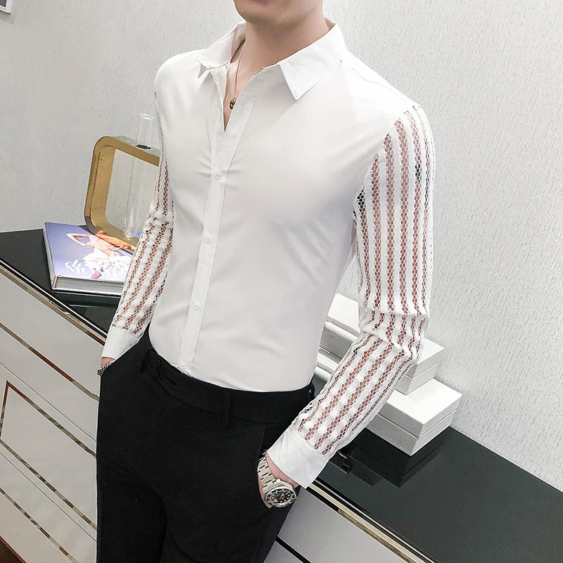 Men Lace Perspective Shirt Party Prom Hollow Lace Patchwork Long Sleeve Tuxedo Shirt Nightclub Casual Social Shirt 250304