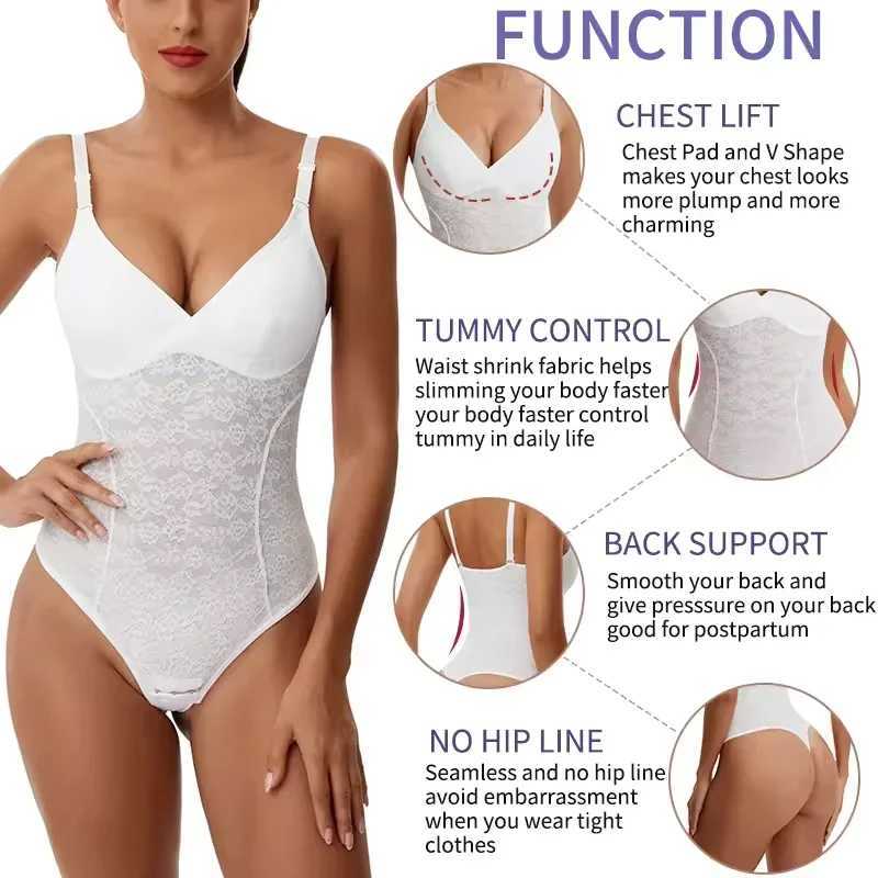 V-Neck Lace Thong Bodysuit Women Sexy Shapewear Top Tummy Control Waist Trainer Body Shaper Removable Chest Pad Slimming CorsetXJ250304
