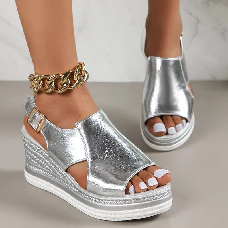 Summer Peep 2025 Toe Platform Sandles Woman Plus Size Thick Sole Sandalias Mujer Gold Sier PU Leather Wedge Sandals for Women