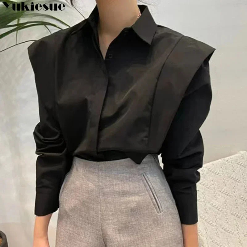 Womens shirt autumn chic long sleeved loose top street elegant top OL office womens shirt 250228