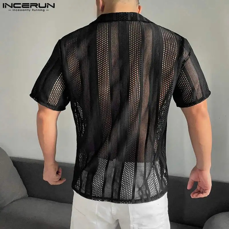 INCERUN Mens Shirt Mesh Transparent Lapel Short Sleeve Summer Camisas Streetwear Hollow Out Fashion Casual Shirts S-5XL 250304