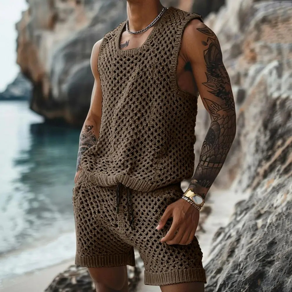Mens Knit Twopiece Sets Summer Streetwear Fashion Loose Tank Tops and Shorts Beach Sport Suit Men Hollow Out Casual Outfit 250227