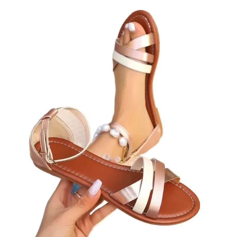 New 2025 Summer Flat Bottom Roman Strap Sandals with Non Slip Rubber Soles Fashion Women's Shoes 36-43