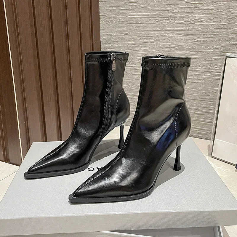 Fion Slimming Boots Elegant Pointed Leather Skinny Boots 2024 Wens Ankle Short Botas Stiletto High H Lolita Shoes Z250304