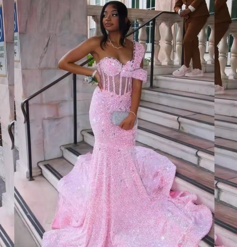 Pink Sequin Prom Dresses 2025 For Girls One Shoulder Mermaid Party Dress Crystal Black Girl Evening Gowns Customized